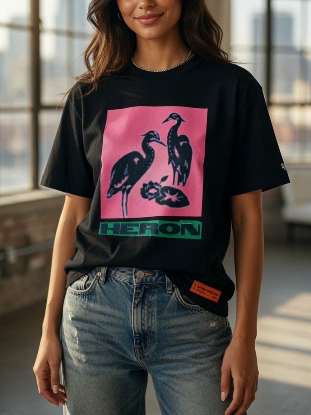 Heron Preston Black Tee with Orange Accent